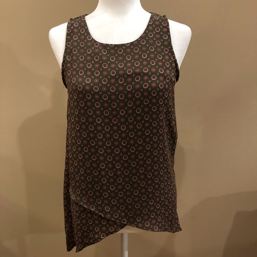 Allison Joy Sleeveless Olive and Maroon Polka Dot Cross Front Tank, Size S